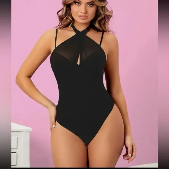 Sexy black cross halter ruched bodysuit | medium | NWT - Picture 5 of 10